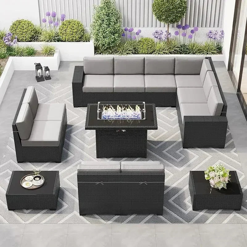 PatioLix 8 Piece Patio Furniture with 44"Propane Gas Fire Pit Table. Outdoor Sectional Conversation Set Wicker Rattan Sofa