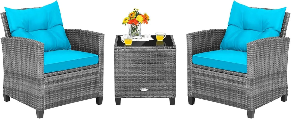 3 Pieces Patio Furniture Set, PE Rattan Wicker 3 Pcs Outdoor Sofa Set w/Washable Cushion and Tempered Glass Tabletop,Garden Sofa