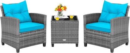 3 Pieces Patio Furniture Set, PE Rattan Wicker 3 Pcs Outdoor Sofa Set w/Washable Cushion and Tempered Glass Tabletop,Garden Sofa