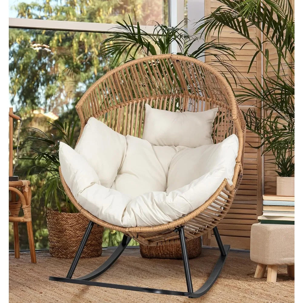 Outdoor Egg Chair with Cushion, Wicker Rocking Lounger for Patio, Living Room, Bedroom, Balcony in Beige