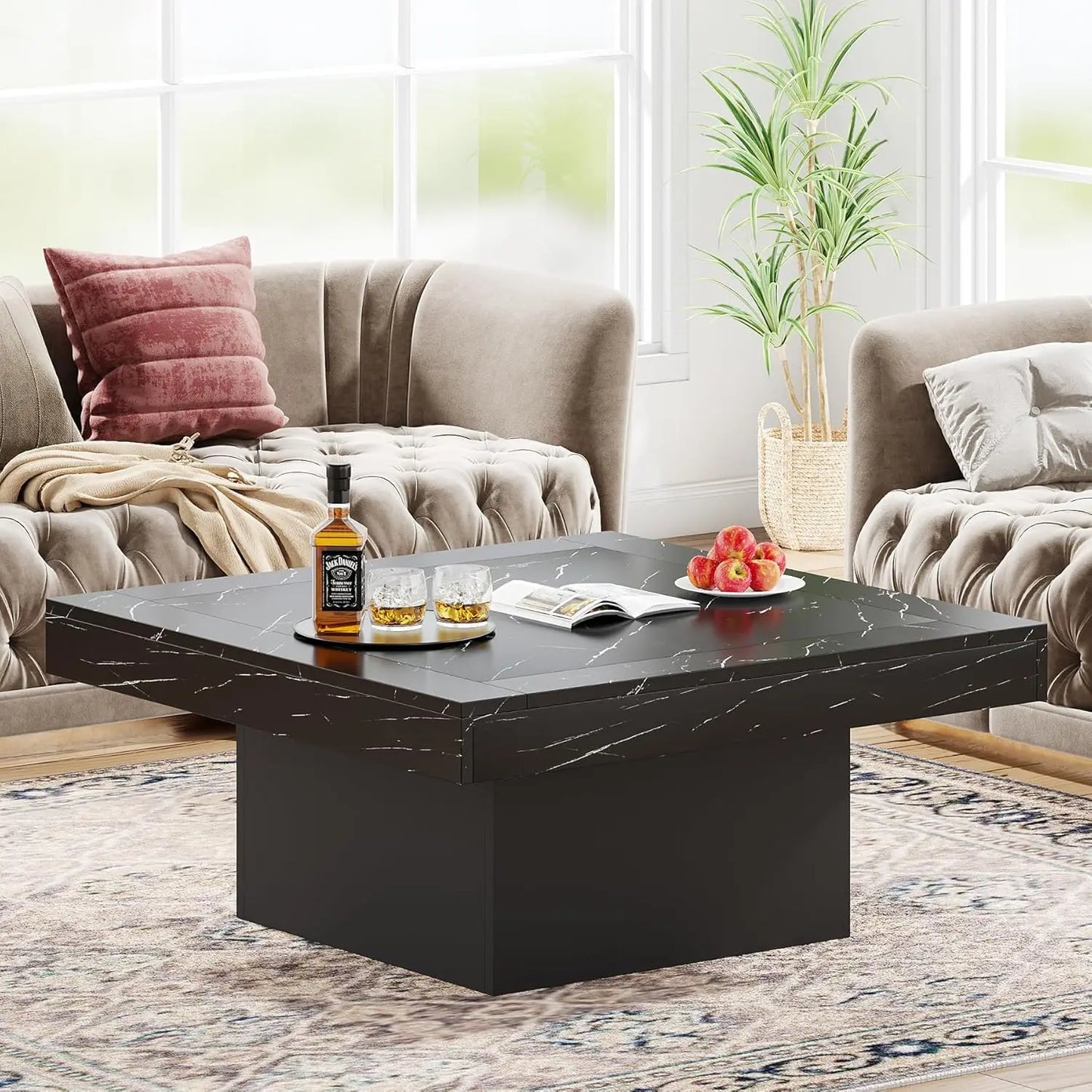 Tribesigns Coffee Table Square LED Coffee Table Engineered Wood Low Coffee Table for Living Room Rustic Brown & Black