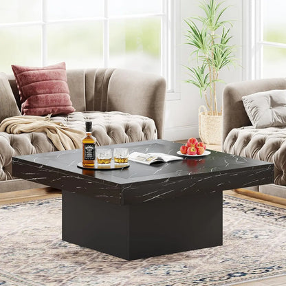 Tribesigns Coffee Table Square LED Coffee Table Engineered Wood Low Coffee Table for Living Room Rustic Brown & Black