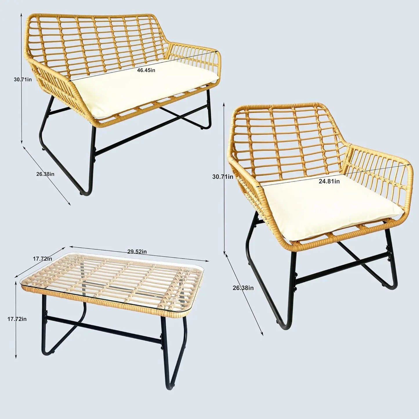 4-Piece Rattan Patio Furniture Set,Wicker Conversation Set for Garden,Porch,Yard and Poolside with White Soft Cushions