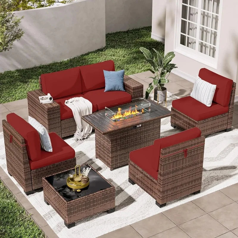 7 PCS Outdoor Sectional Conversation Set with 44" Propane Gas Firepit Table and Widen Wicker Armrests for Patio Furniture