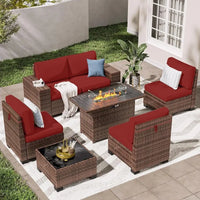 7 PCS Outdoor Sectional Conversation Set with 44" Propane Gas Firepit Table and Widen Wicker Armrests for Patio Furniture