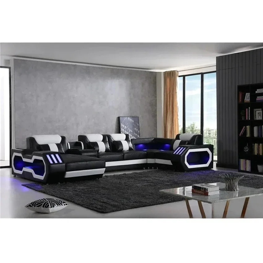 LED Lighted Sofa Set with Recliner, Speaker & USB Ports | Genuine Leather Sectional Couch with Console & Adjustable Headrests