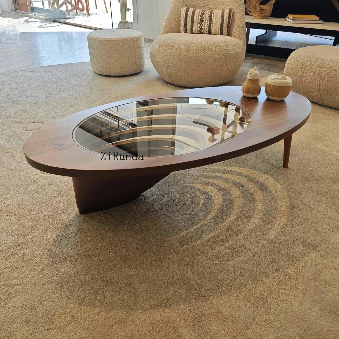 Table basse moderne en bois massif pour petit appartement, table à thé ovale de luxe haut de gamme pour salon