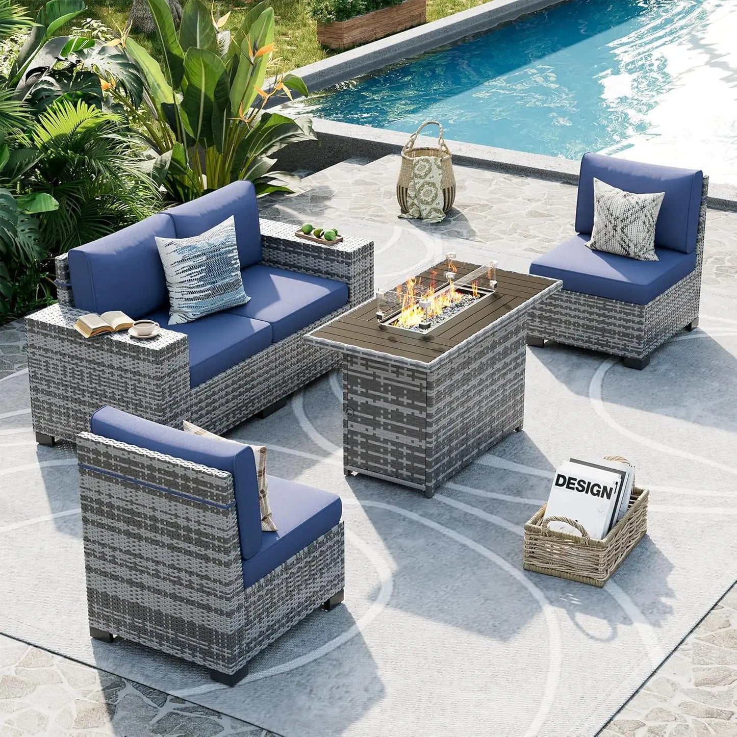 8 Inch Armrest Outdoor Sectional Sofa, 6 Piece Wicker Outdoor Furniture Conversation Sets with Waterproof Cover