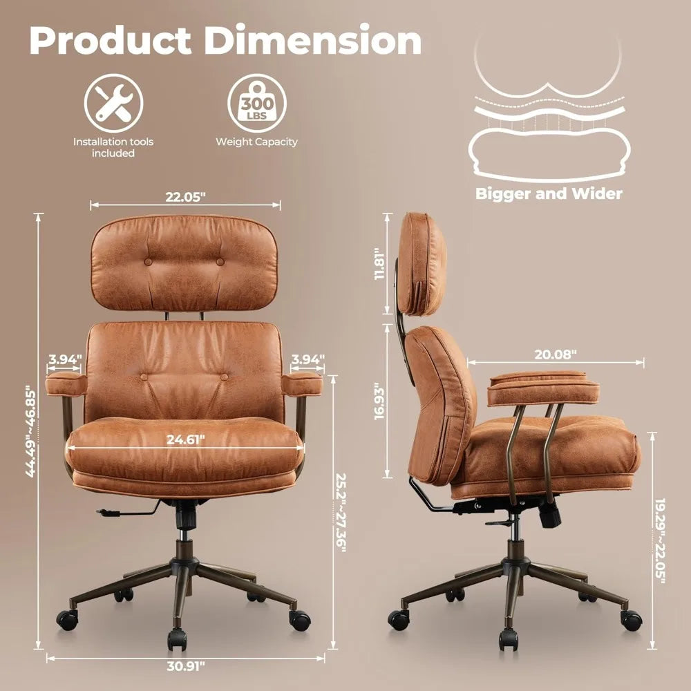 Ergonomic Home Office Chair, Mid-Century Modern Faux Leather Chairs with Thickened Cushions, Comfy High Back Swivel Rolling Exe