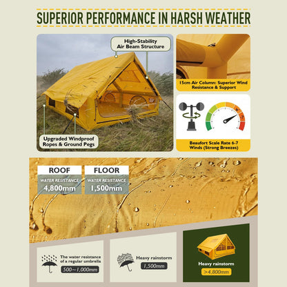 129 Square Feet Large Inflatable Camping Tent 6-8 Person,4 Season Waterproof Inflatable Tent House with AC Vent&Stove Jack