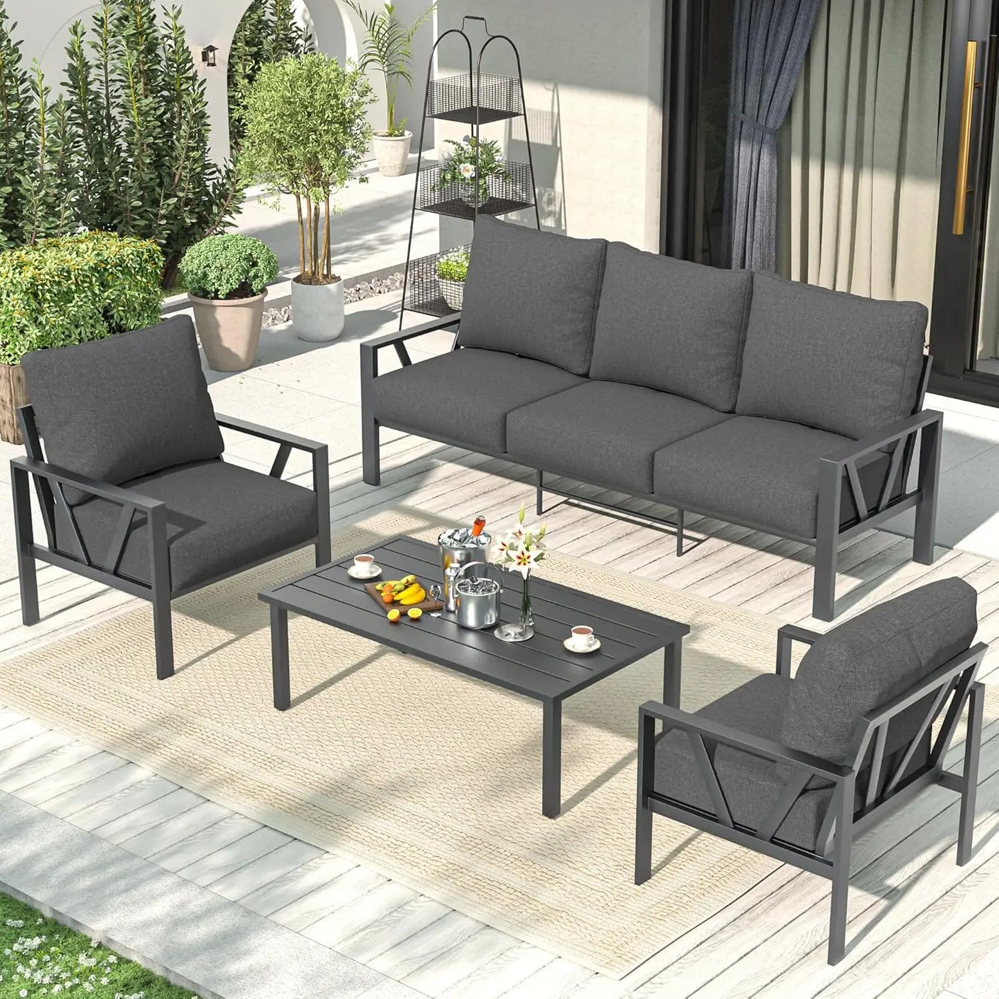 Patio Furniture Set, 6 Pieces Outdoor Couch Sectional, L Shaped Patio Sofa, Metal Patio Couch Sectional with Side Table, Outdoor