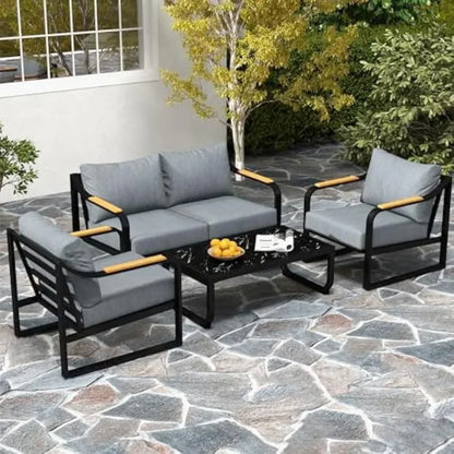 v Metal Patio Furniture Set, 4 Pieces Outdoor Conversation Set with Thick Cushion Modern Patio Chat Sofa Set for Balcony  rattan