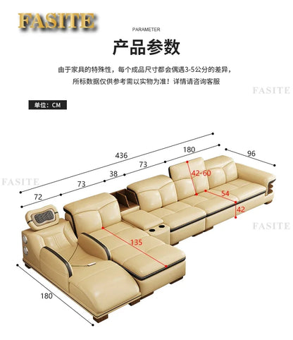Smart Leather Sofa Massage for Left and Right Noblewomen, Cowhide Solid Wood Living Room Corner Small Unit