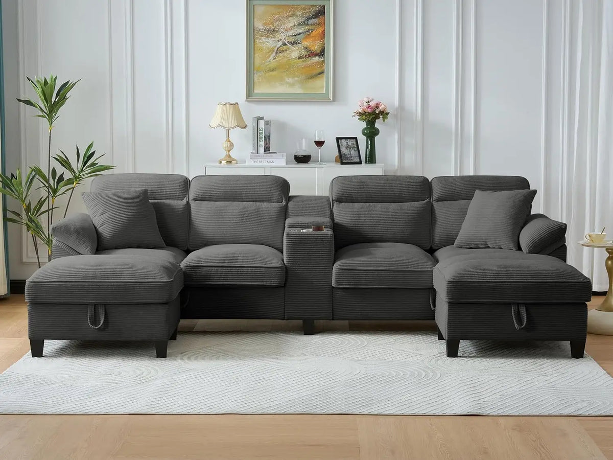 117 Inch Sofa Couch,Sectional Couches for Living Room with 2 Cup Holders,Corduroy Modular Sectional Sofa with Movable