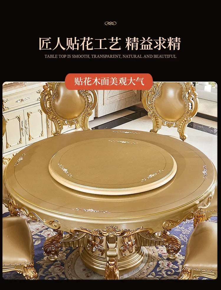 A07 European dining table and chair combination glass surface classical luxury solid wood carving flower round table with turnta