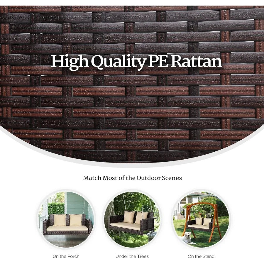 Heavy Duty 800 LBS Outdoor Rattan Porch Swing with Extra Cushion and Adjustable Chain in Brown for Garden Yard Lawn 4 FT