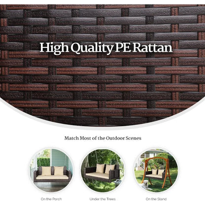 Heavy Duty 800 LBS Outdoor Rattan Porch Swing with Extra Cushion and Adjustable Chain in Brown for Garden Yard Lawn 4 FT