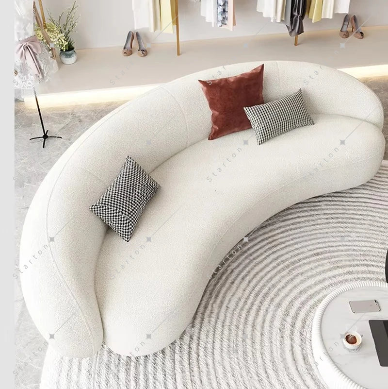 New Design White Long Curved Sofa Luxury Lambswool Fabric Corner Sofa Modern Living Room Upholstery Velvet Sofa Set Furniture