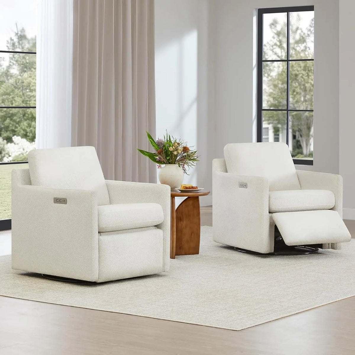 Swivel Accent Chair with Electric Footrests, Living Room Sofa Chair with Power Motor, USB and Type-C Ports, Cream
