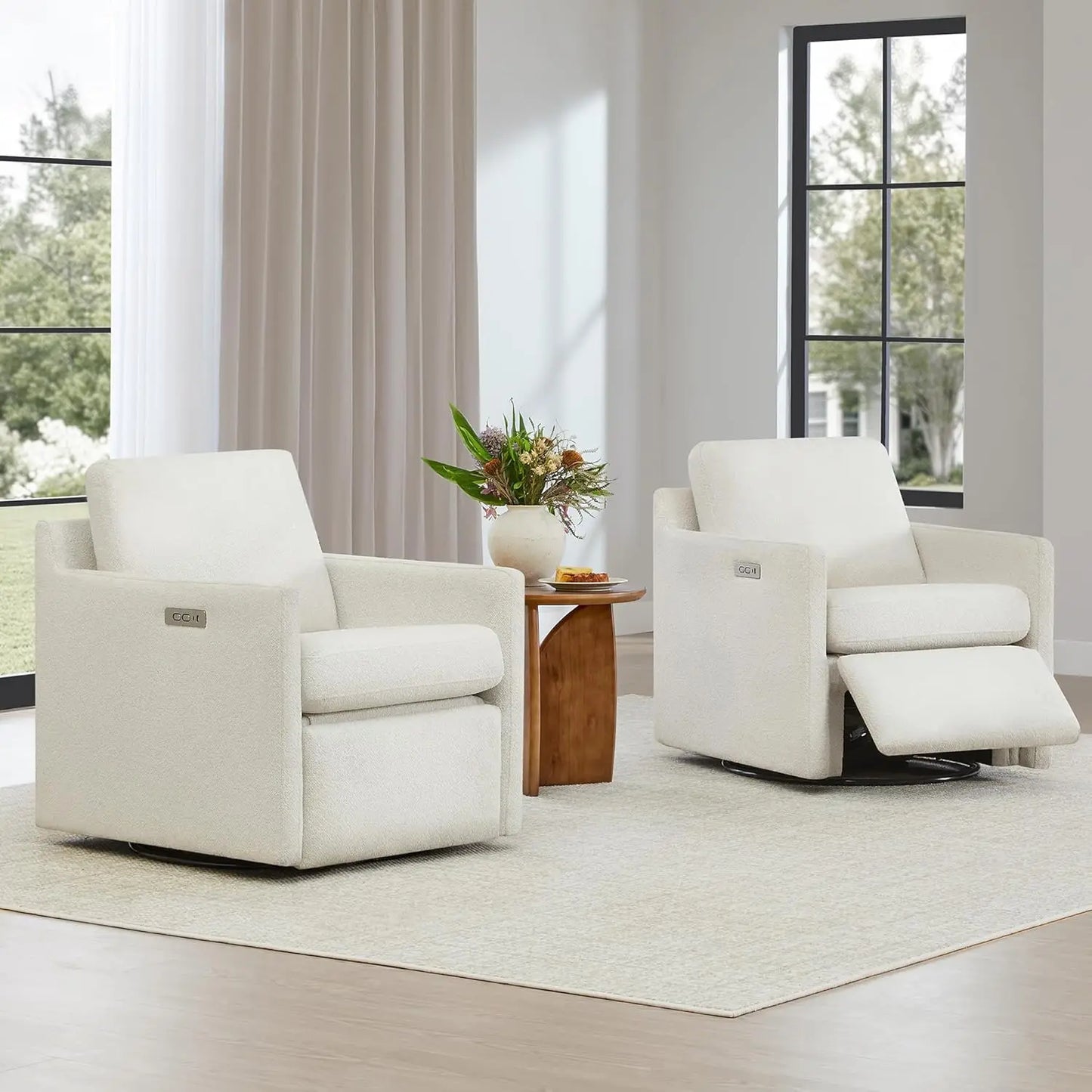 Swivel Accent Chair with Electric Footrests, Living Room Sofa Chair with Power Motor, USB and Type-C Ports, Cream