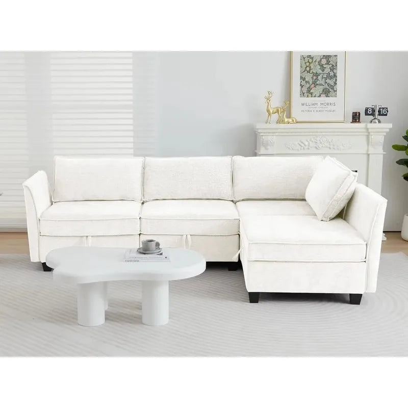 4 Seater Beige Modular Convertible L Shaped Sectional Sofa with Storage for Living Room or Office