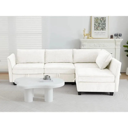 4 Seater Beige Modular Convertible L Shaped Sectional Sofa with Storage for Living Room or Office