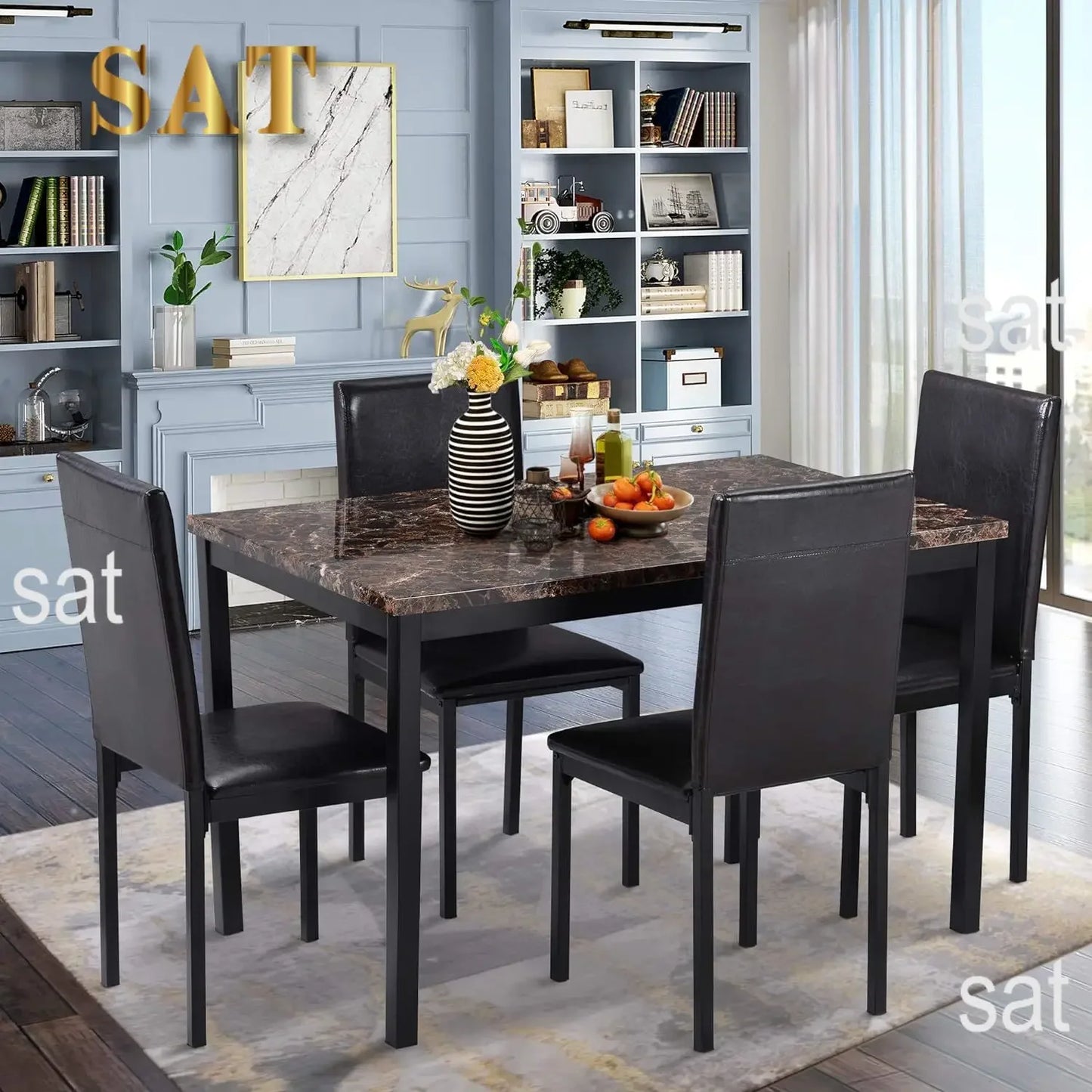 Dining Room Table Set,5-Piece Kitchen Dining Set with Glass Table Top 4 PU  Metal Frame Chairs A
