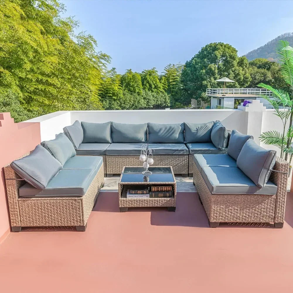 For Garden Furniture 9 Pieces Set, Patio Furniture Set with Storage Table and Cushions, Couch Sofa, Garden Furniture