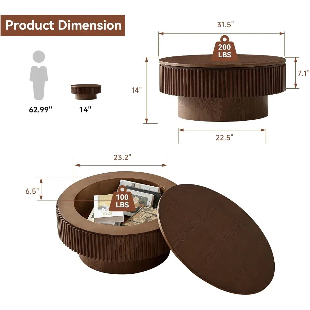 Round Coffee Table for Living Room,Fluted Drum Accent Tea Center Table with Storage,Circle Modern Coffee Tables for Small Space