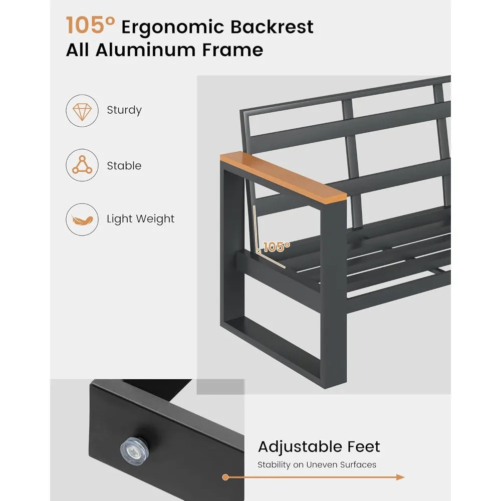 Aluminum Outdoor Patio Furniture Set, 5-Piece Sectional Conversation Set with 6″ Thick Cushions & Coffee Table for Porch, Balcon
