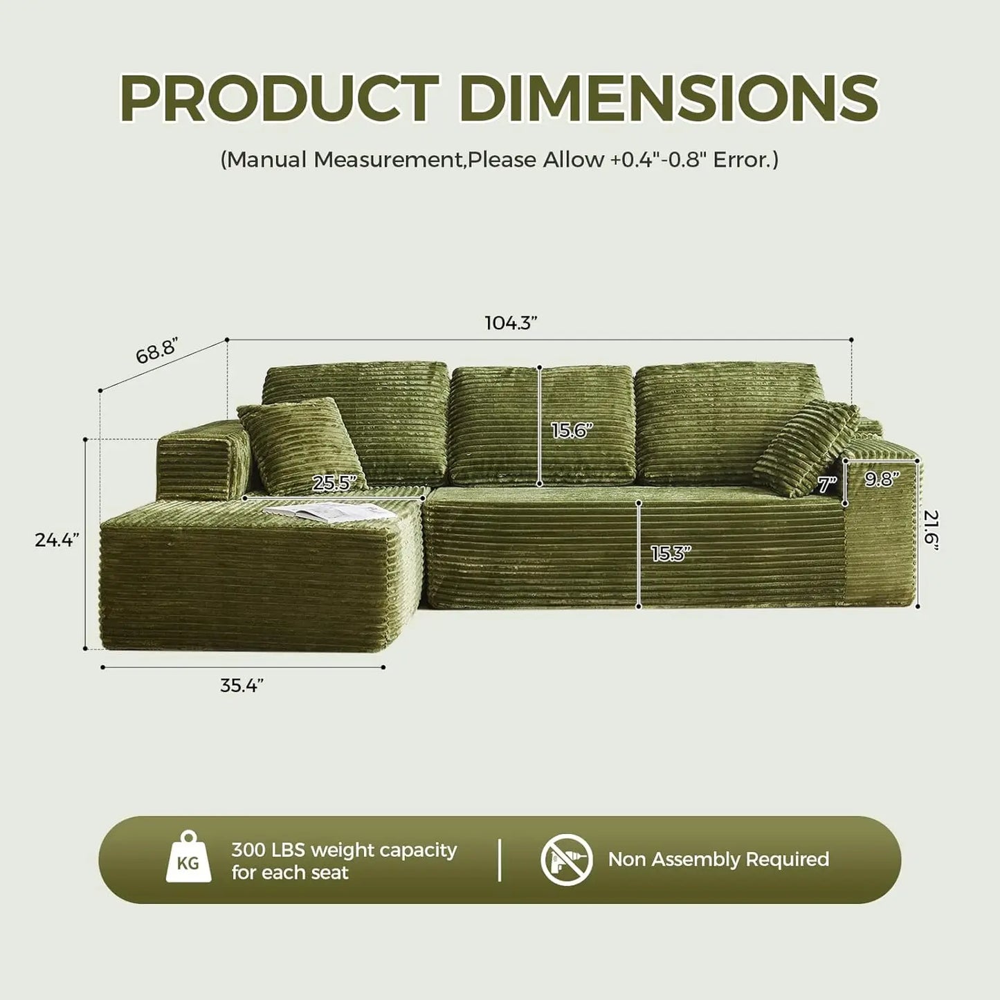 118" Compressed Sofa for Living Room L Shaped Boneless Couch, Modular Sectional Sofa, Sofa Bed Memory Foam Couches with Chaise