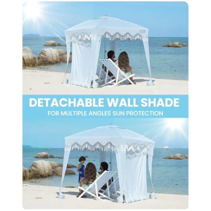 Beach Cabana with Fringes Portable 6' x 6' Beach Canopy for Sand Easy Set Up Beach Shelter Included Side Wall UPF 50+ UV Protec