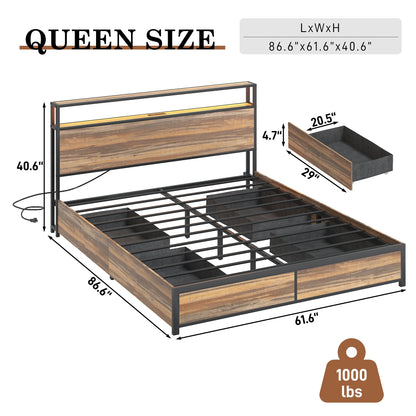 LED Bed Frame Full/QueenKing Size with 2 USB Ports and Outlets, Platform Metal Bed Frame with 4 Storage Drawers and Headboard