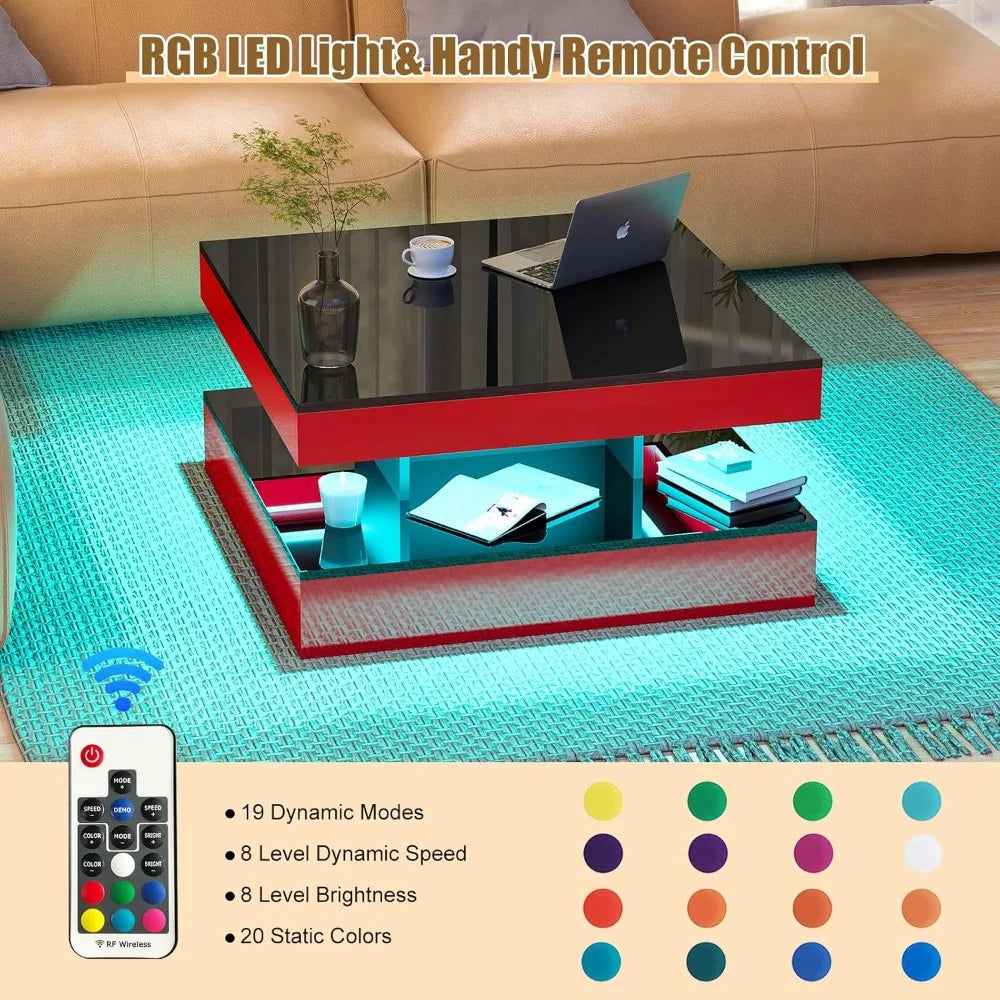 Red LED Coffee Table for Living Room, Living Room Table 2-Tier Square Modern High Glossy Contemporary Wood Coffee Tables