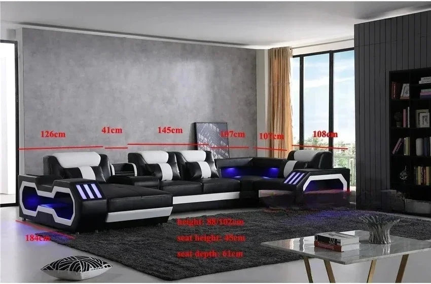 LED Lighted Sofa Set with Recliner, Speaker & USB Ports | Genuine Leather Sectional Couch with Console & Adjustable Headrests