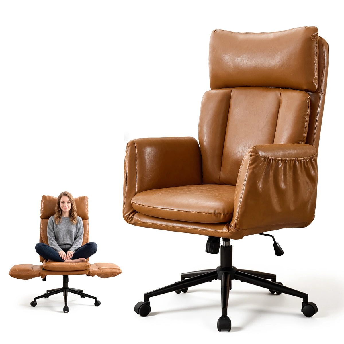 TCGBKAF Beige Big&Tall Office Chair with Flip Armrests Cross Legged Office Chair with Wheels Soft Chenille Executive Chair with Adjustable Lumbar Support Ergonomic Computer Desk Chair