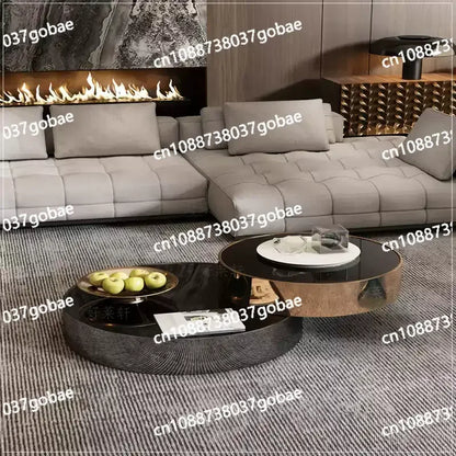 High end stainless steel brass mirror circular coffee table, double-layer modern luxury rotating black gold coffee table