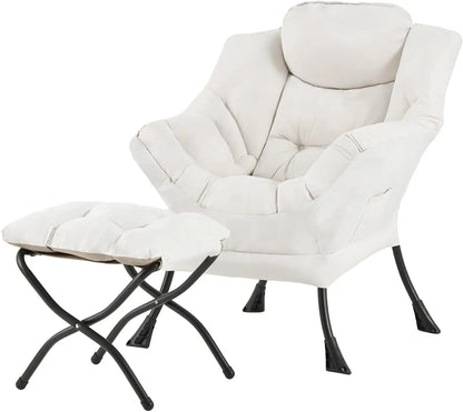 Modern Lazy Chair with Ottoman, Large Velvet Accent Lounge Armchair, Comfy Reading Chair with Footrest for Living Room, Bedroom