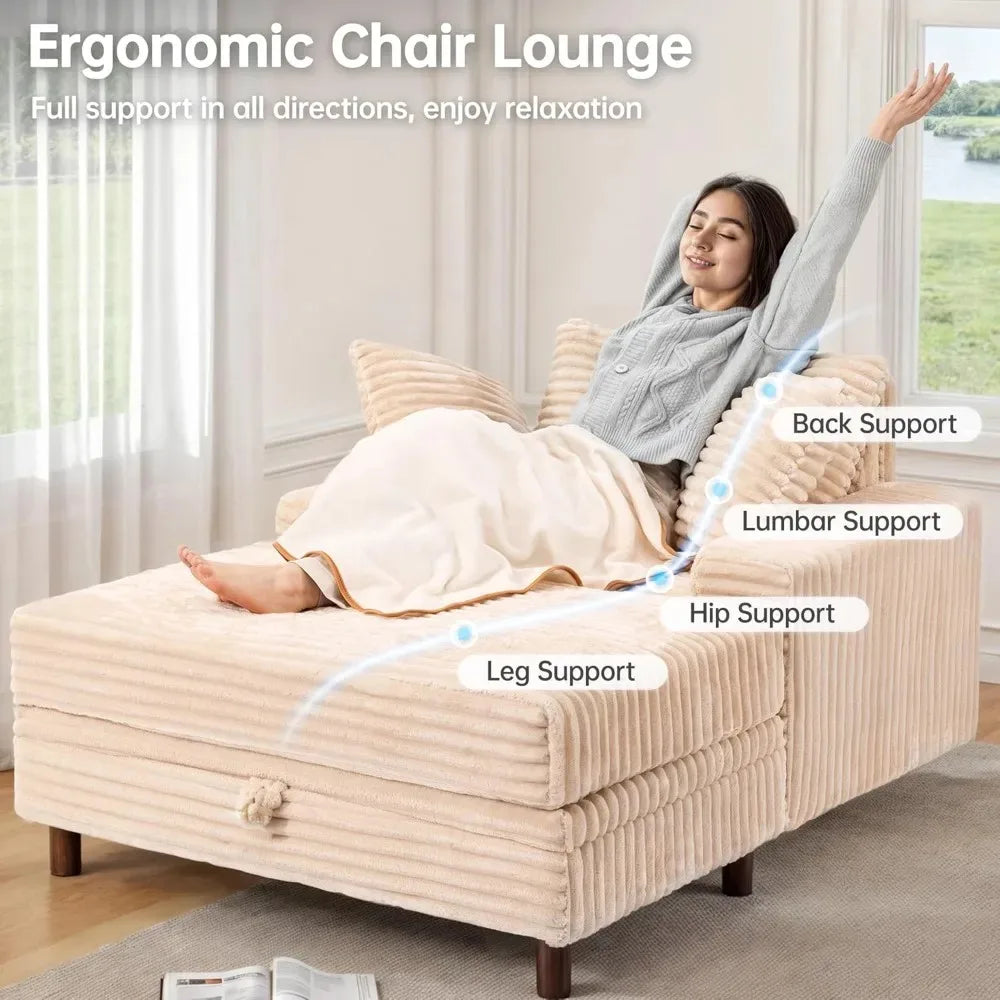 54" Oversized Chaise Lounge Chair Indoor, Comfy Sofa Bed with Storage and Ottoman, Upholstered Reading Chairs Cloud Couches, Kha