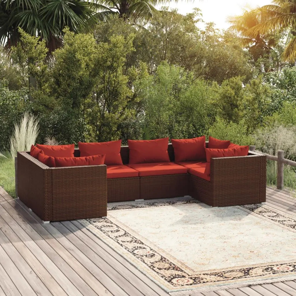 6 Piece Poly Rattan Brown Patio Lounge Set with Cushions Garden Sets