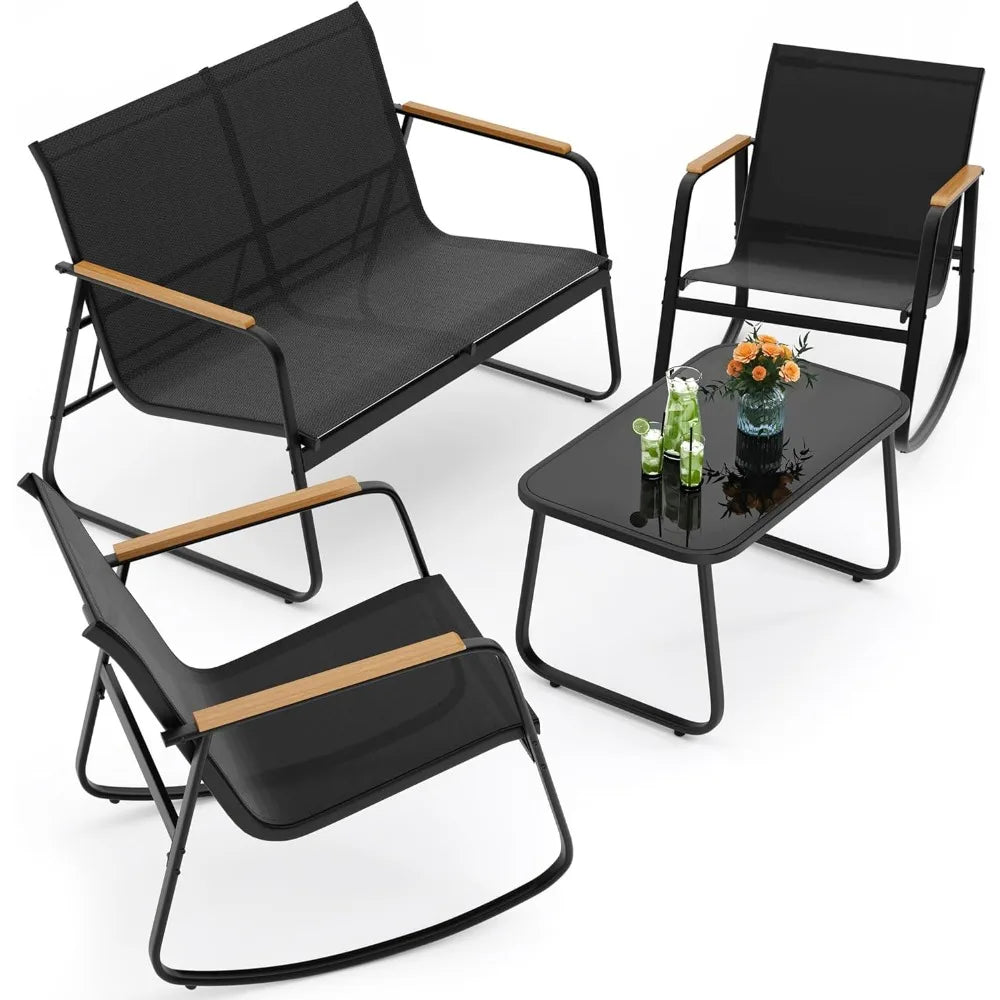 4-Piece Patio Furniture Set, Textilene Outdoor Conversation Set with 2 Rocking Chairs and Tempered Glass Coffee Table