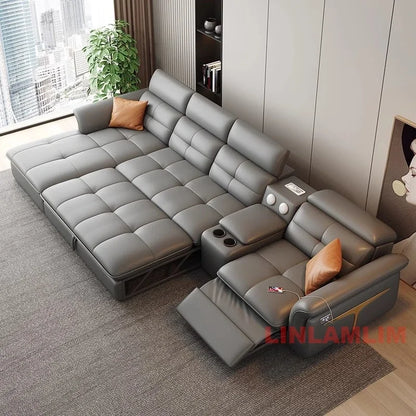 Modern Electric Recliner Sofa Bed with Adjustable Backrest, L-Shaped Multifunctional Italian Genuine Leather Sectional Couch