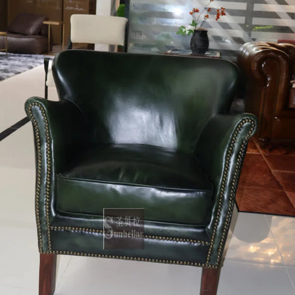 Antique green leather sofa chair top layer cowhide living room bedroom clubhouse club