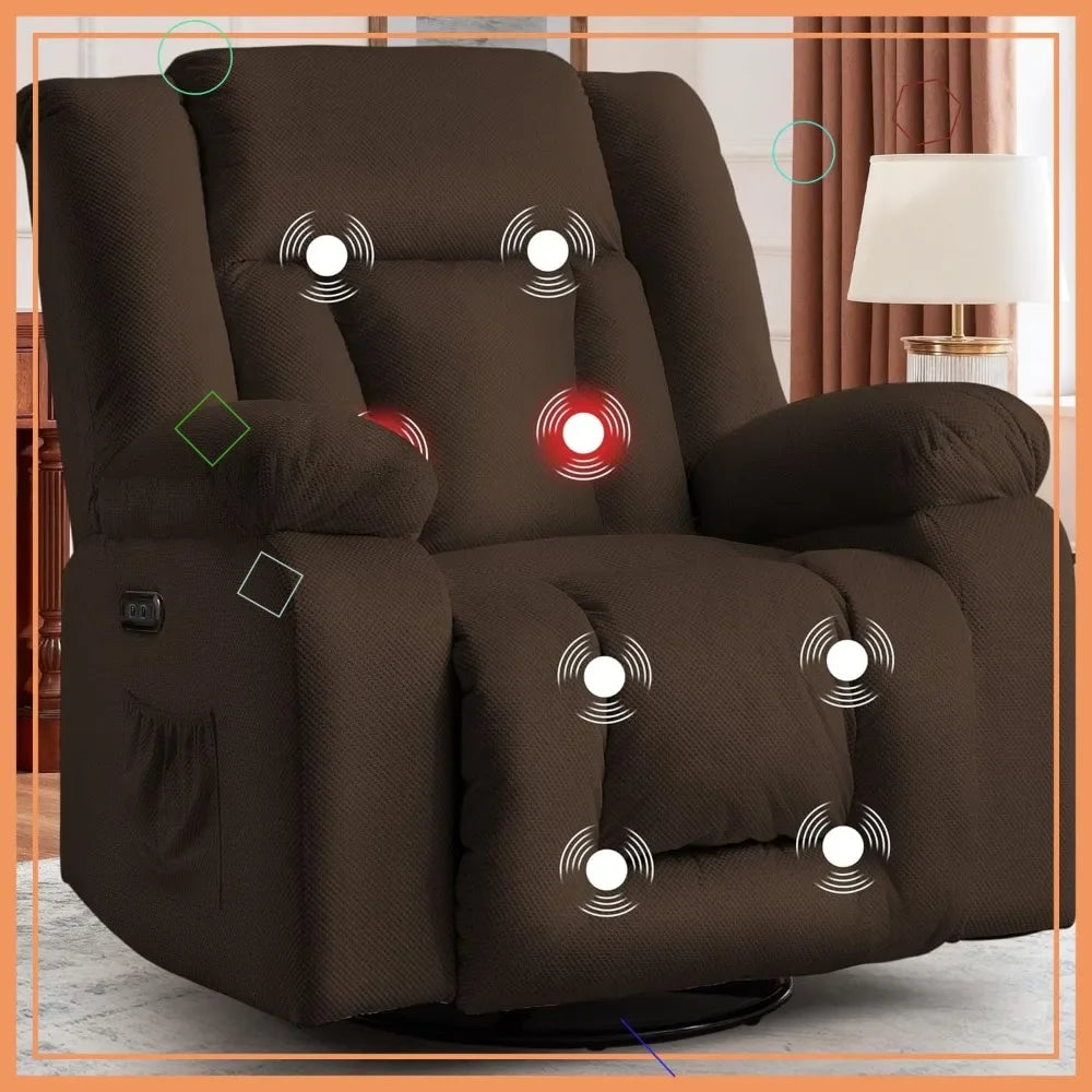 Electric Recliner Chair with Massage & Heating, Swivel Rocking Recliner for Living Room, Oversized Comfort with Side Pockets