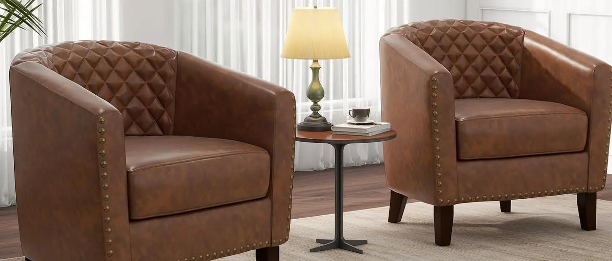 Pia Ricco Faux Leather Barrel Accent Chair, Modern Club Arm Chair Comfy Upholstered Single Sofa Chair with Solid Wood Legs and N