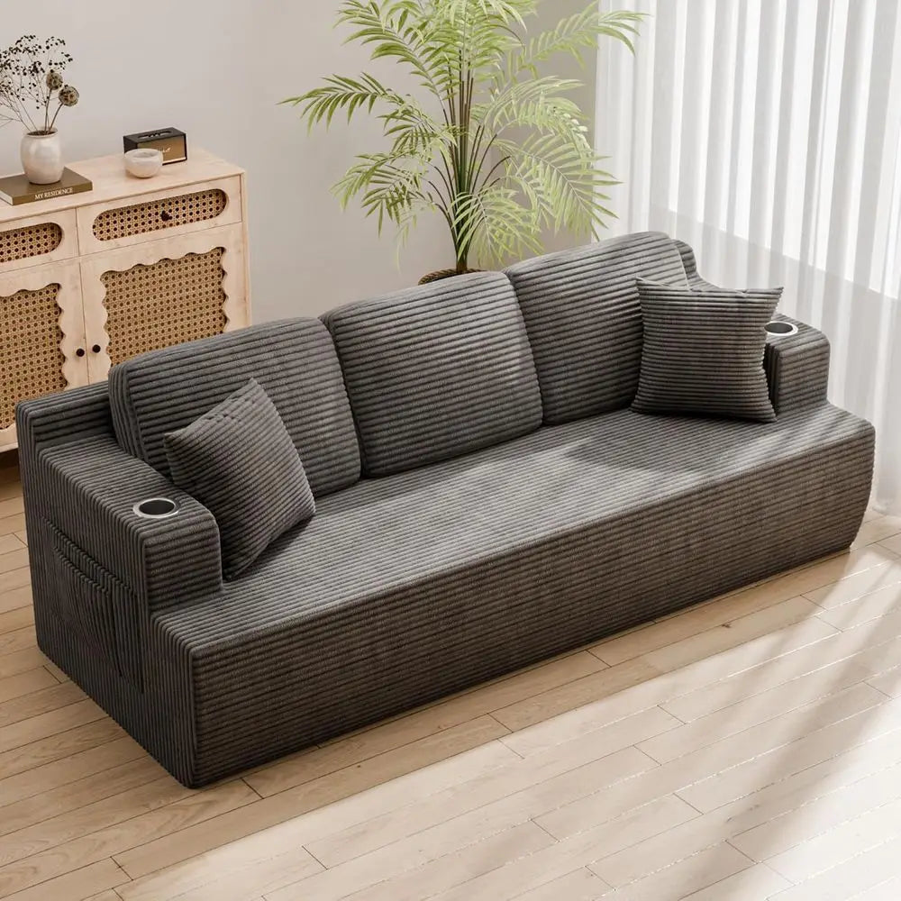 87” BonelSoa Couch with 2 Pillows Extra Deep Seats, Corduroy abric 3 Seater Soa or Living Room with Cup Holder & Storage ket Uph