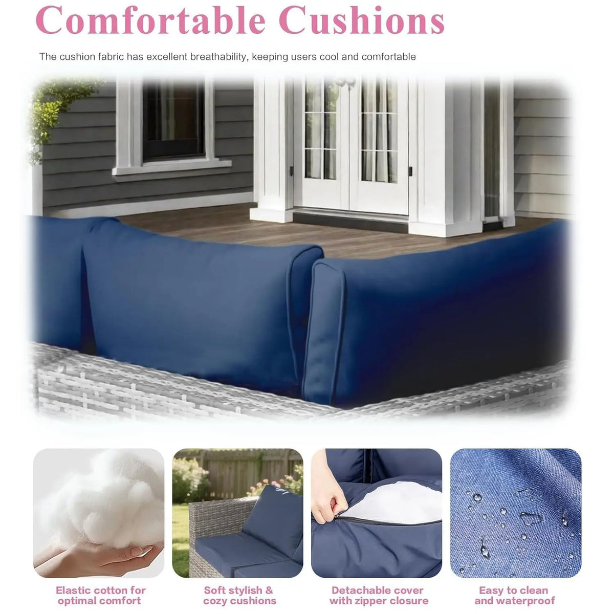 7-Piece Outdoor Rattan Sectional Sofa Set, Gray Wicker Patio Furniture Sets with Navy Blue Cushions for Balcony,, Customized