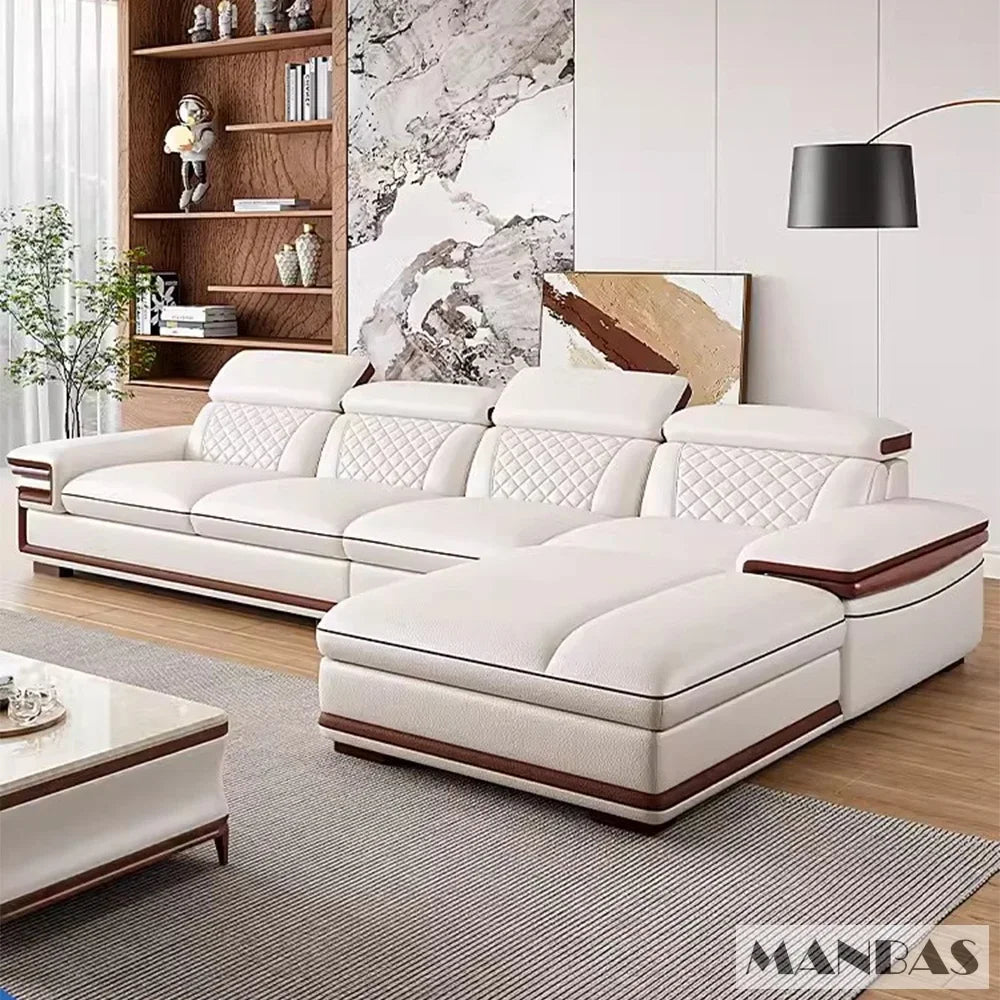 MINGDIBAO Premium Italian Genuine Leather Sofa Set for Living Room with Adjustable Headrests and Built-in Bluetooth Speaker, USB