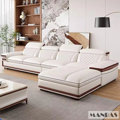 MINGDIBAO Premium Italian Genuine Leather Sofa Set for Living Room with Adjustable Headrests and Built-in Bluetooth Speaker, USB