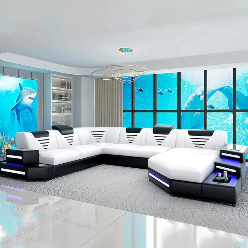 Leather Sofa Set U Combination Leather Corner Sofa Bed with Light Emitting Diode